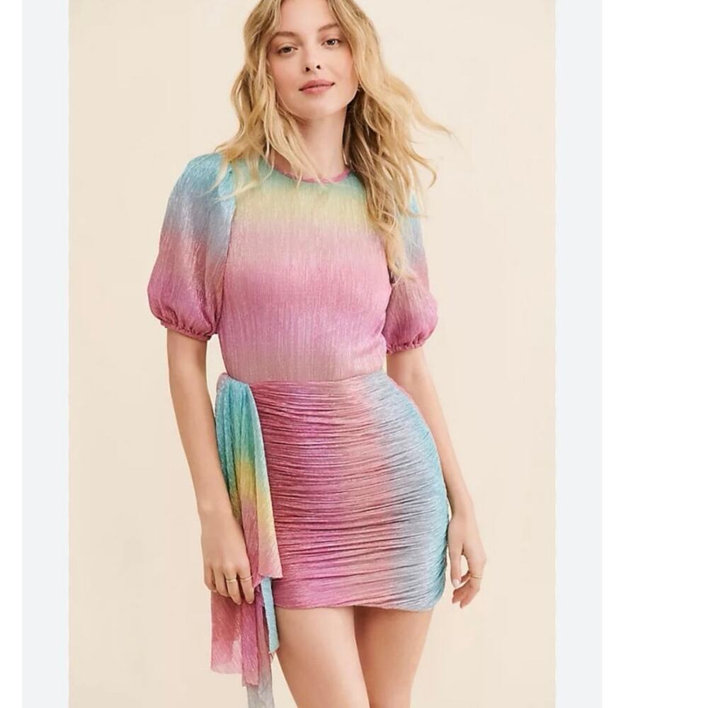 Saylor Orpha Rainbow Metallic Pleated Mini Dress Puff Sleeve Draped M